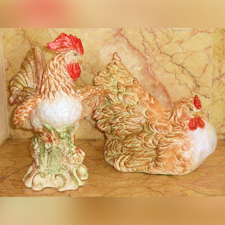 Plaster Hen and Rooster Set